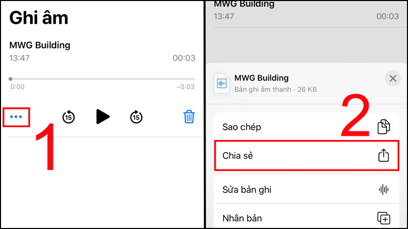 Tại phần ghi âm, bạn chọn biểu tượng ba chấm > Chọn Chia sẻ.